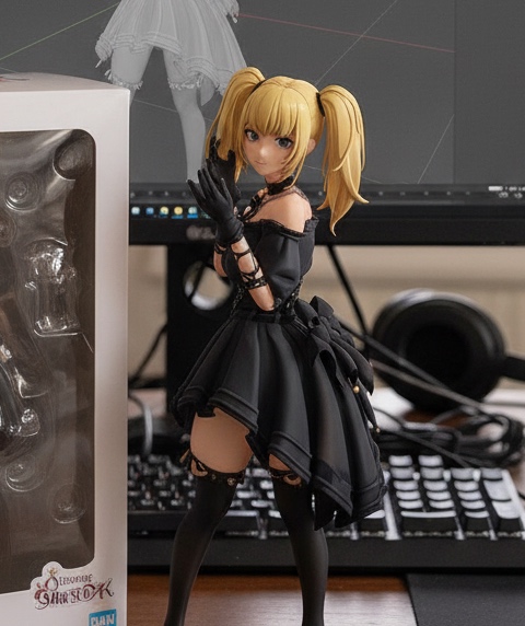 Turn this image into a realistic photo of a collectible figure, in a realistic style andenvironment.Place the figure on a computer desk, Next to the computer screen: place a packaging boxwith rounded corner desian and a transparent front window, so the figure inside is clearlyvisible. The box should also be printed with the figure's original artwork.On the computer screen, display the Blender modeling process of the figure. Prompt helper 1